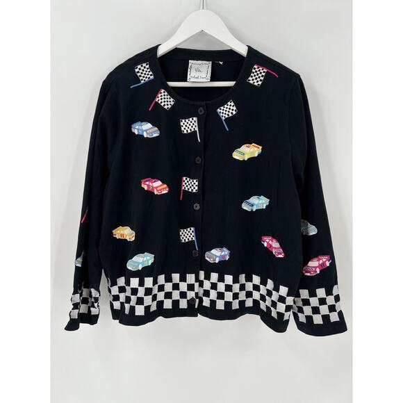 Michael Simon Lite Jacket Womens Medium Black Racecar Racing Flag Cars Buttons - Picture 1 of 16